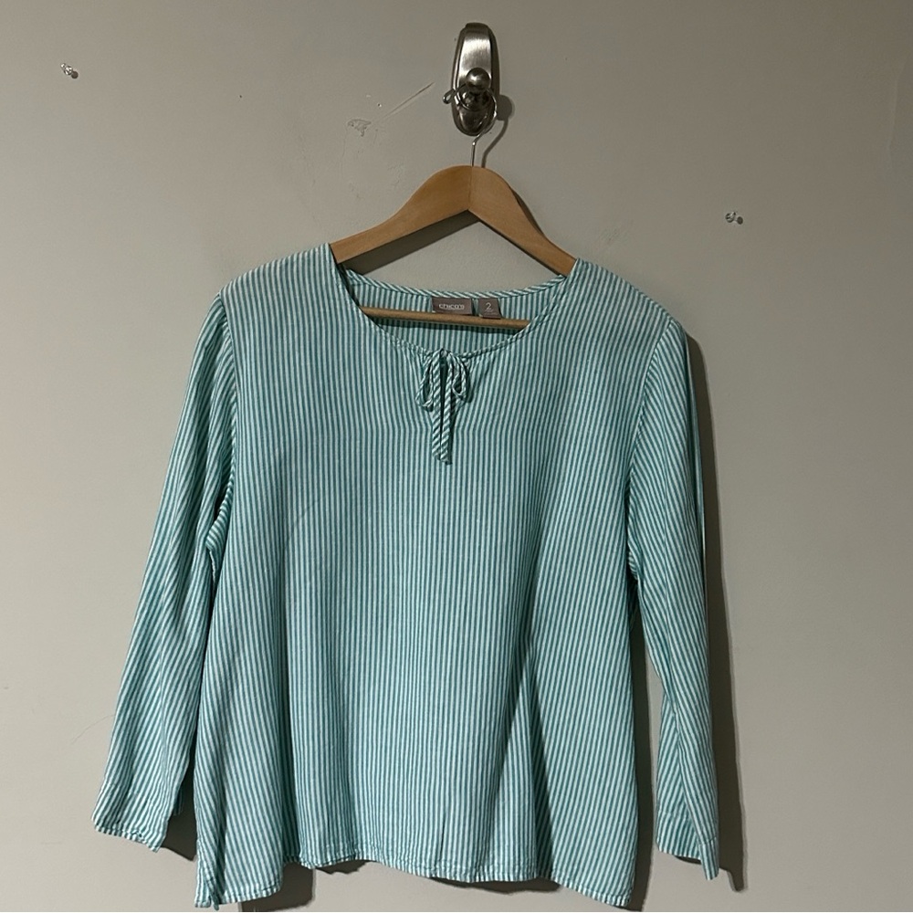 Chico’s Green White Striped Blouse Size 2 Tie Neck 3/4 Sleeve Top